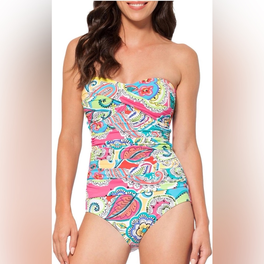Anne Cole Paisley Strapless Ruched Full Coverage One Piece Swimsuit Size 8